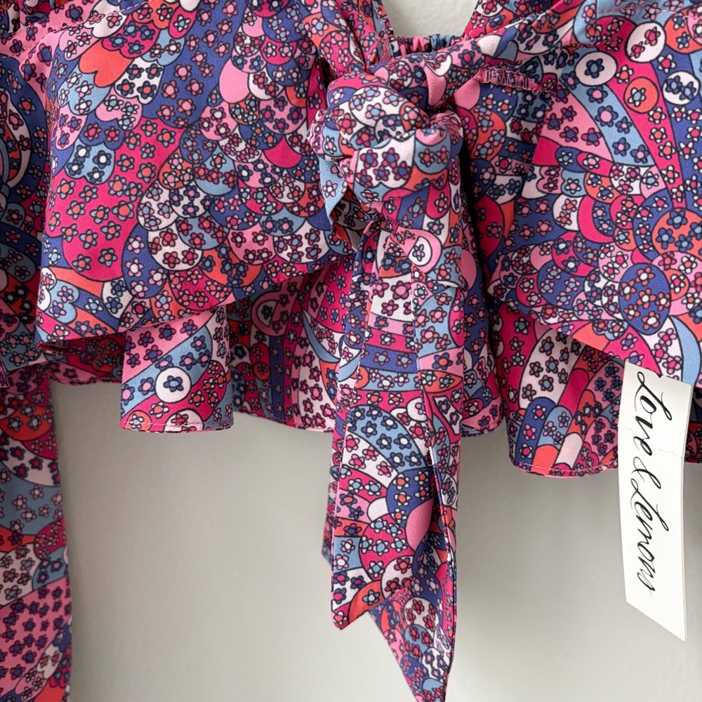 NWT FOR LOVE & LEMONS Sz S Multicolor Pattern Crop Top Blouson Sleeves BOHO - Picture 5 of 6